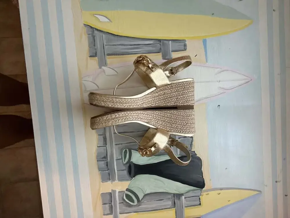 Michael Kors Roxane Metallic Gold T-Strap Espadrille Wedge Sandals